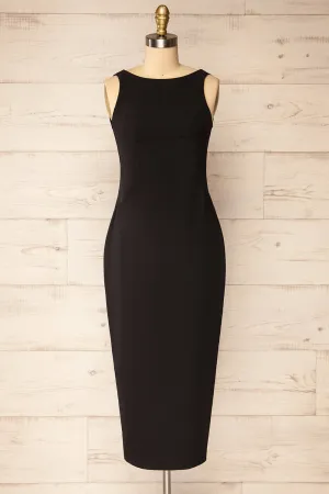 Kovna Black | Fitted Midi Dress w/ Open Back