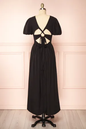Lilou Black | Open-back Midi Dress w/ Puffy Sleeves
