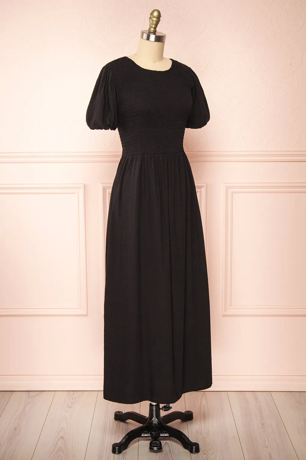 Lilou Black | Open-back Midi Dress w/ Puffy Sleeves
