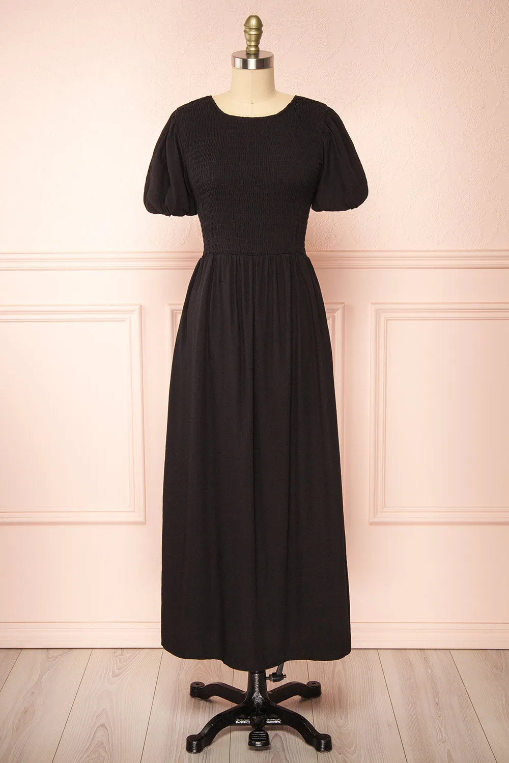 Lilou Black | Open-back Midi Dress w/ Puffy Sleeves