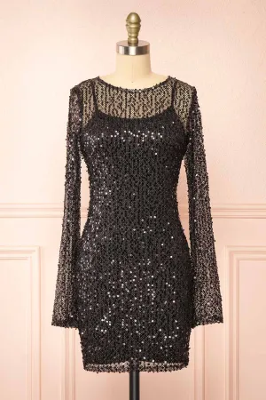 Lyrissa Black | Short Mesh Sequin Dress