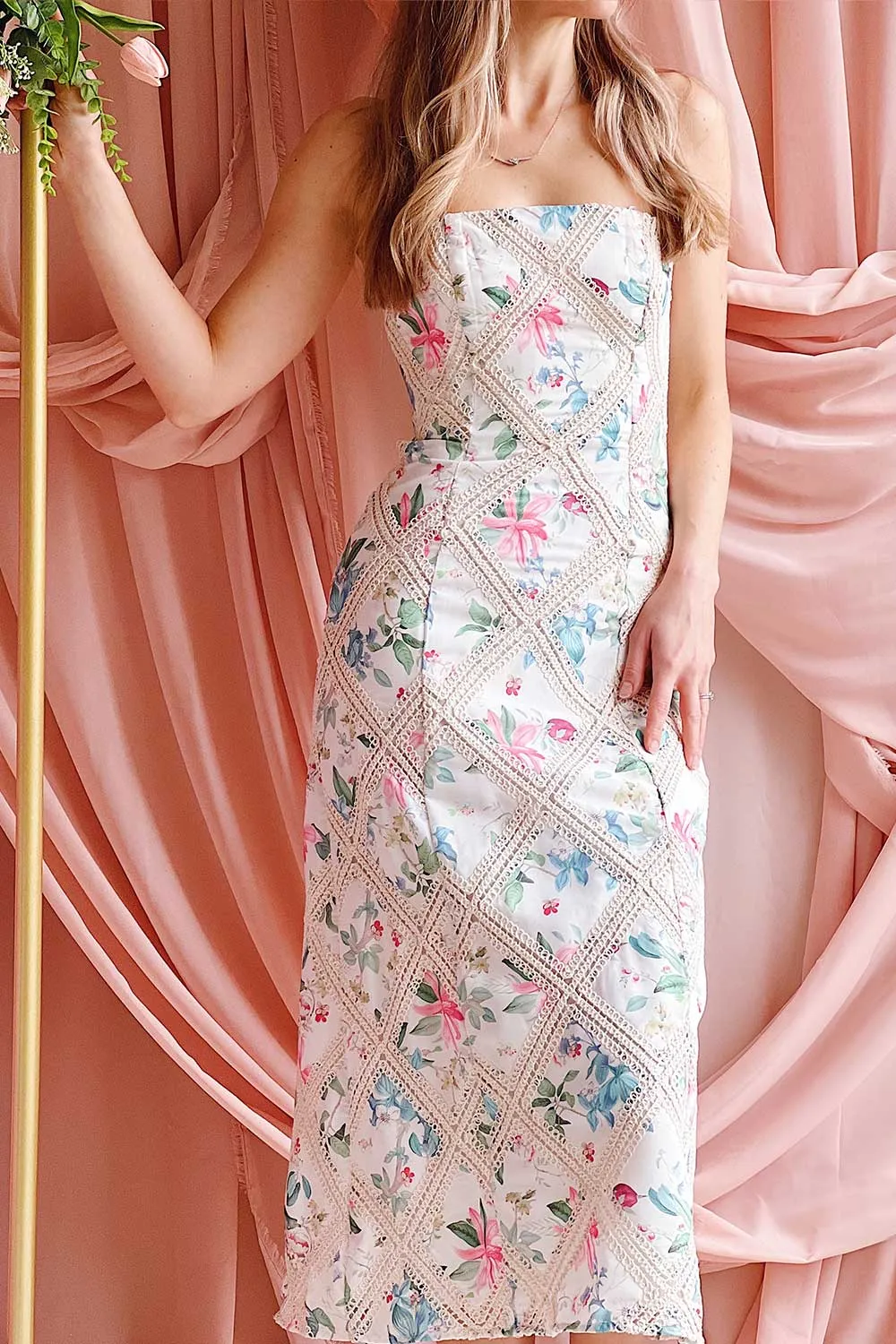 Manon | White Midi Floral Dress w/ Lace Detailing