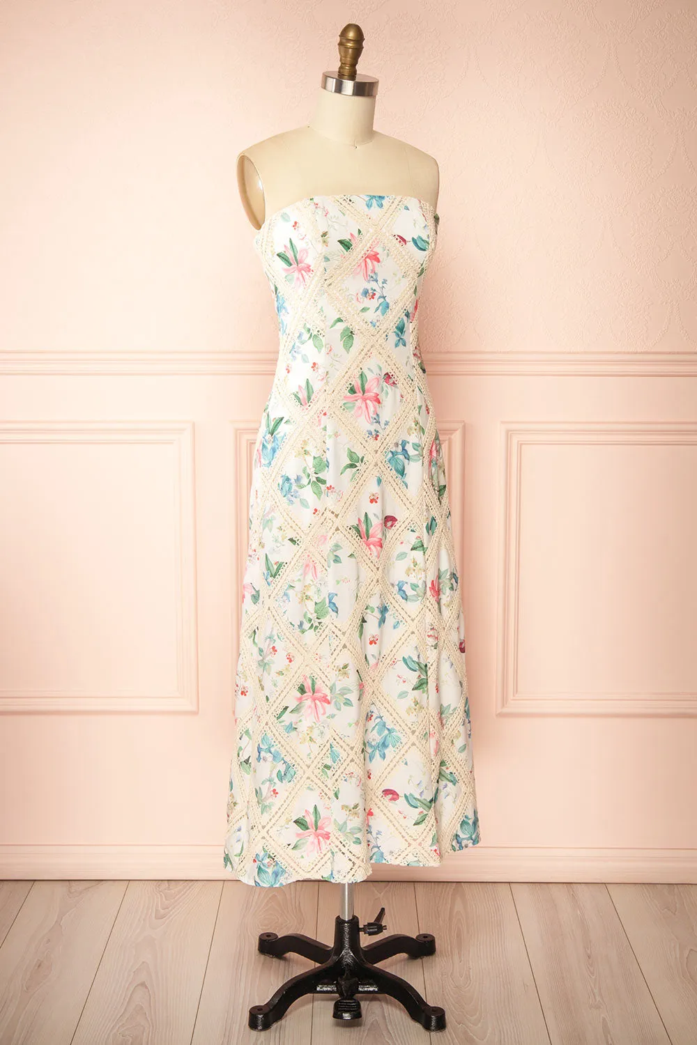 Manon | White Midi Floral Dress w/ Lace Detailing