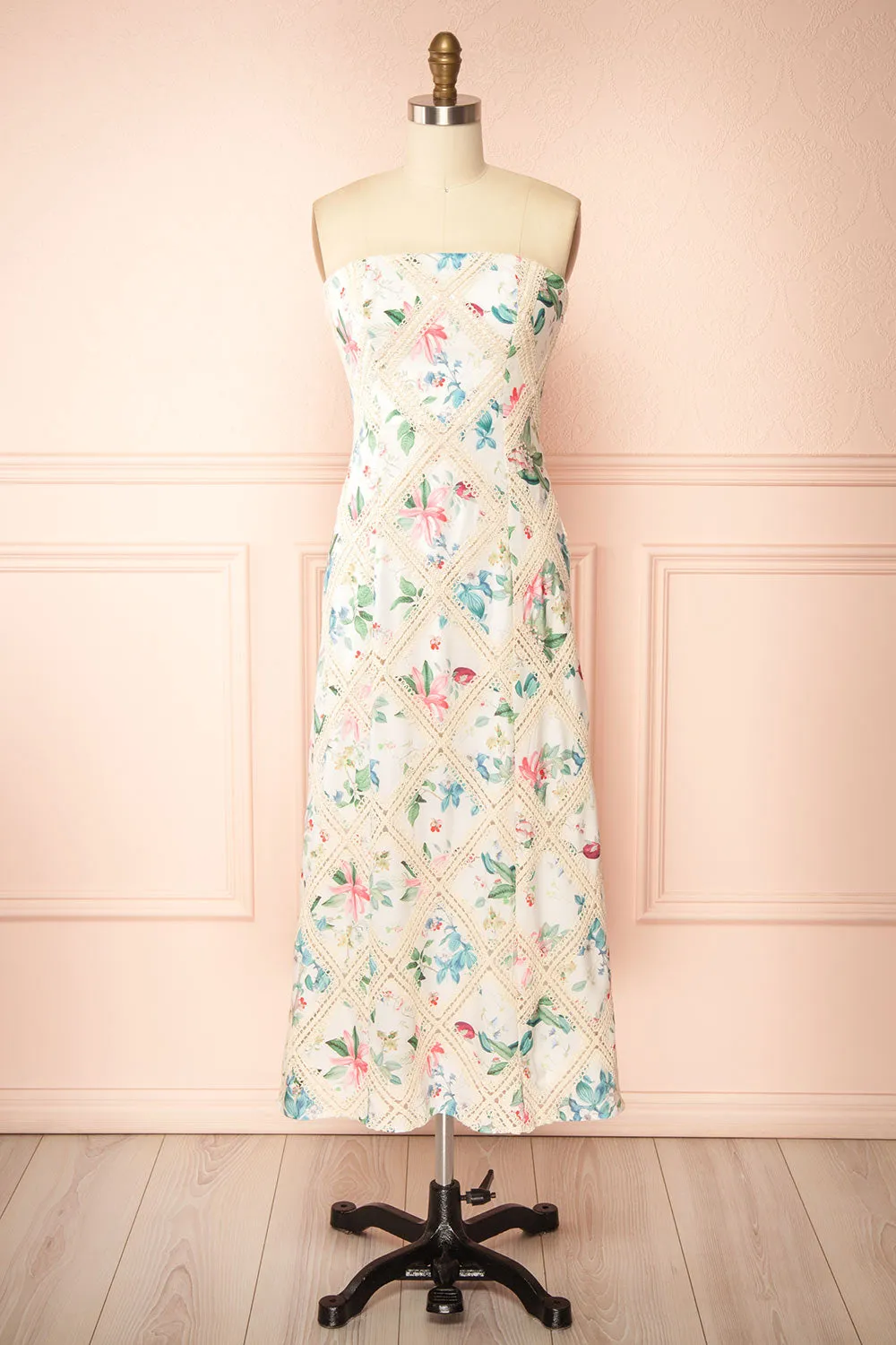 Manon | White Midi Floral Dress w/ Lace Detailing