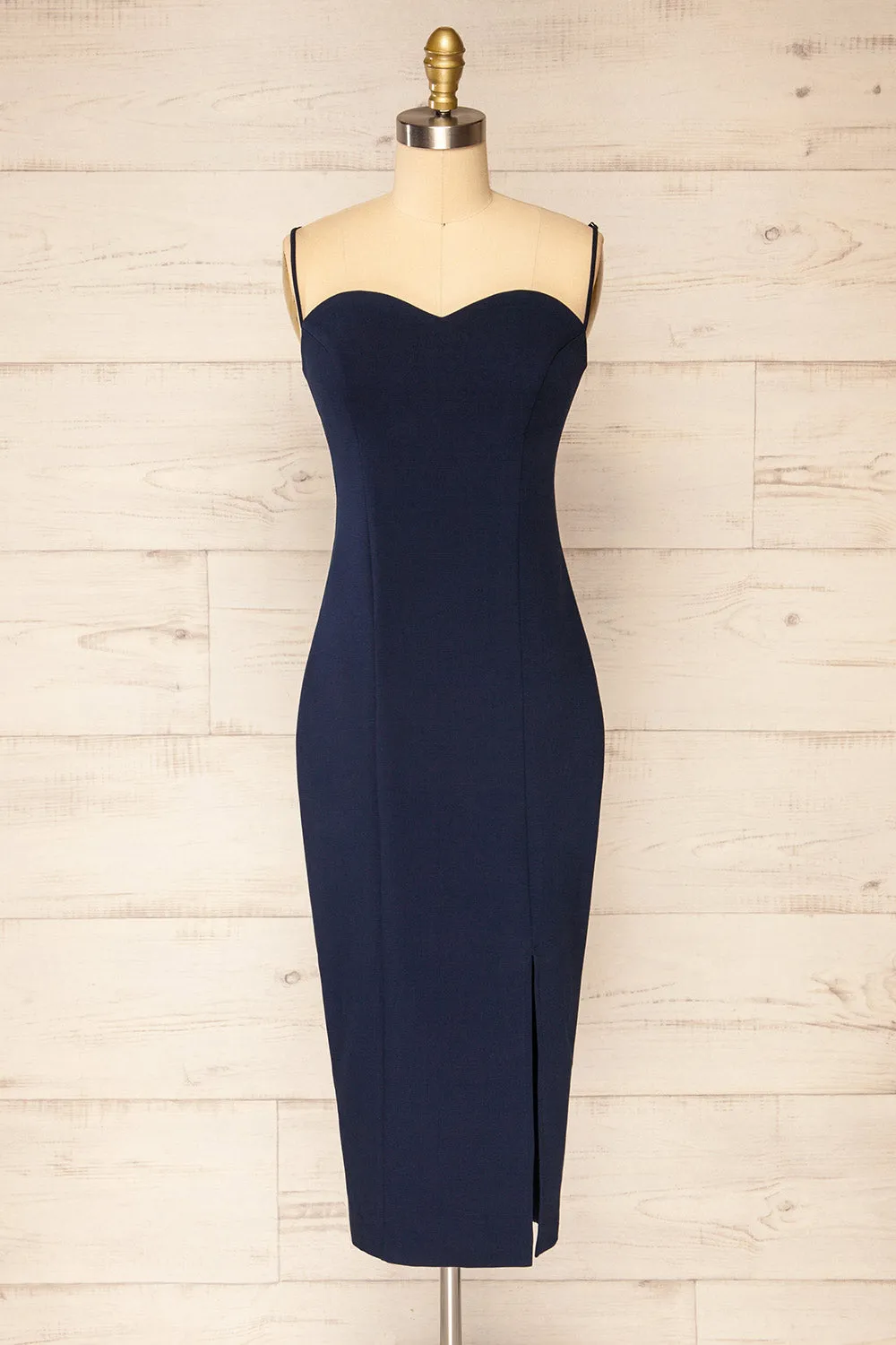 Miira Navy | Fitted Midi Dress w/ Sweetheart Neckline