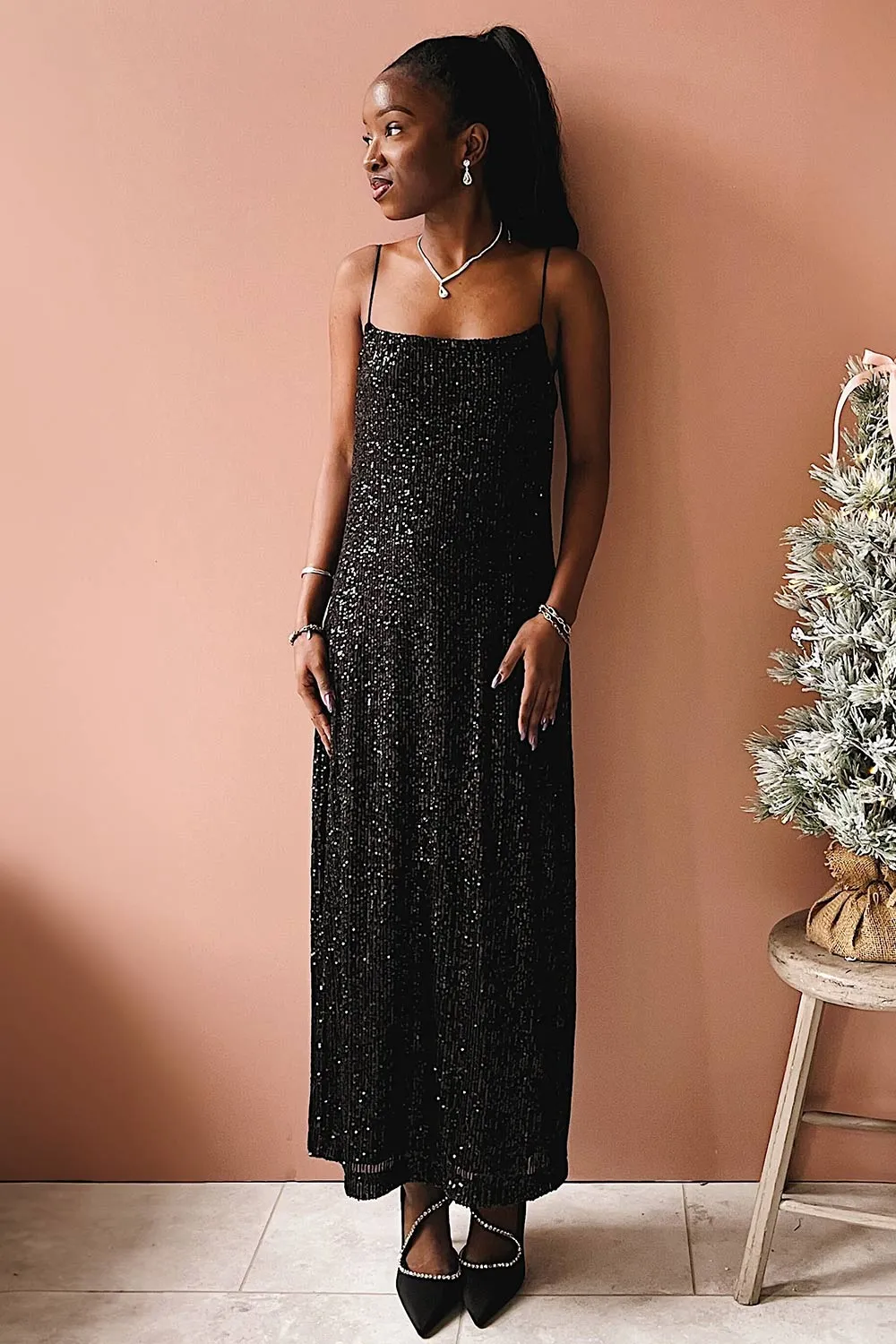 Mikaela | Black Sequin Midi Dress w/ Slit