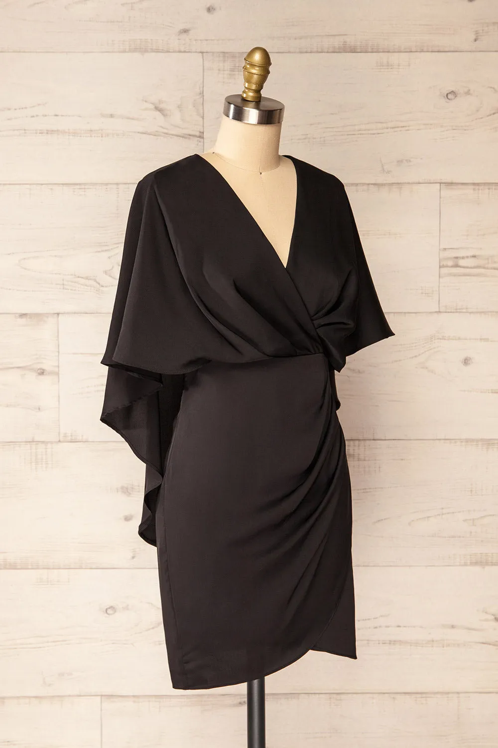 Milanoa Black | Short Satin Dress w/ Cape