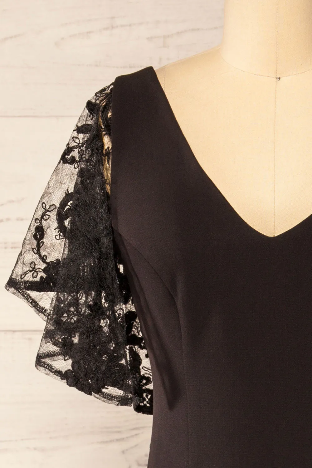 Myrania Black | Fitted Midi Dress w/ Embroidered Sleeves