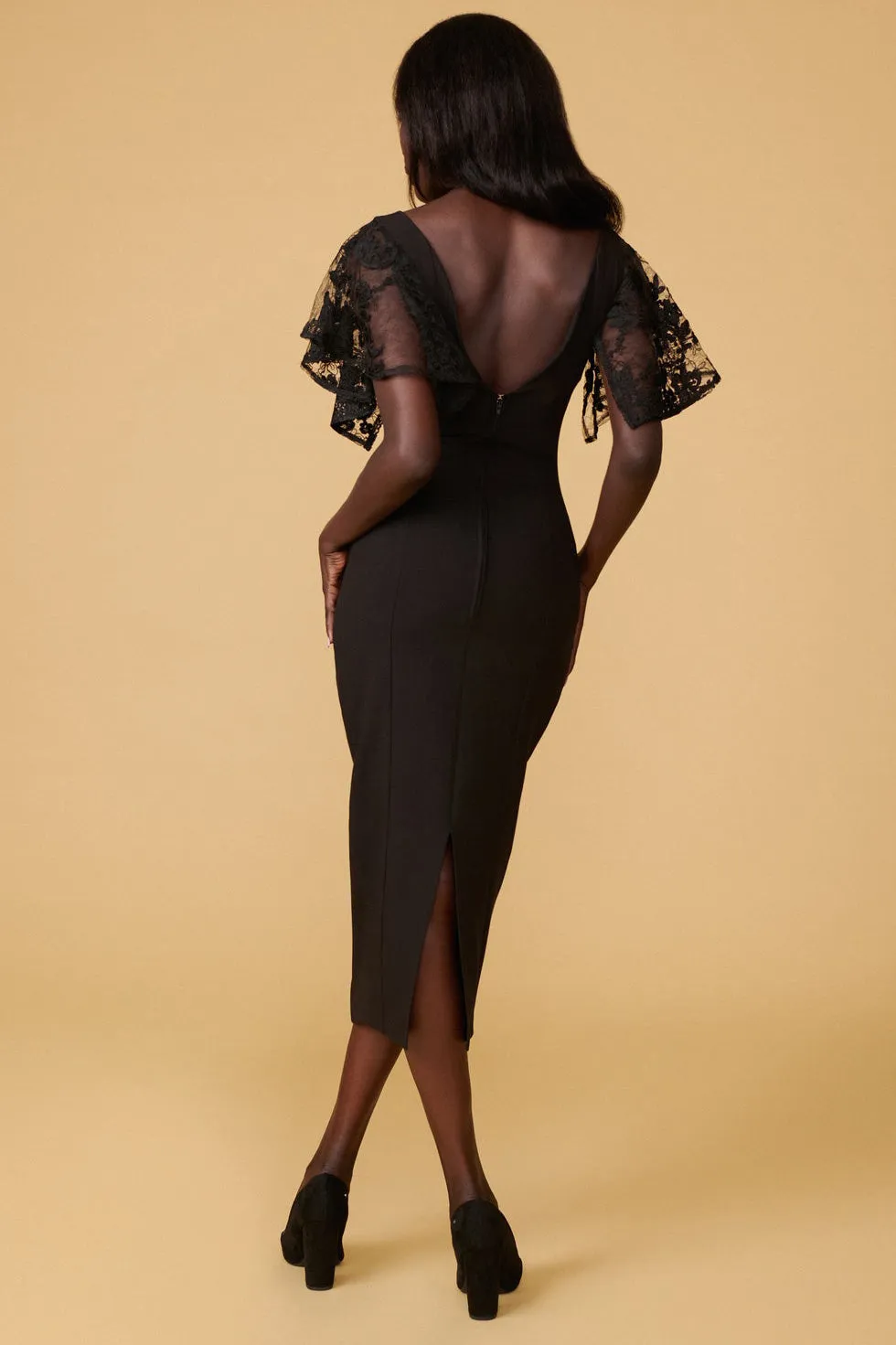 Myrania Black | Fitted Midi Dress w/ Embroidered Sleeves