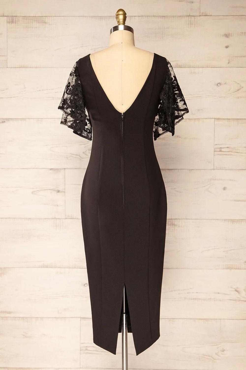 Myrania Black | Fitted Midi Dress w/ Embroidered Sleeves
