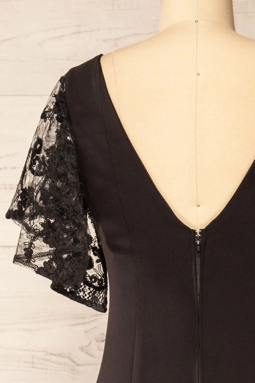 Myrania Black | Fitted Midi Dress w/ Embroidered Sleeves