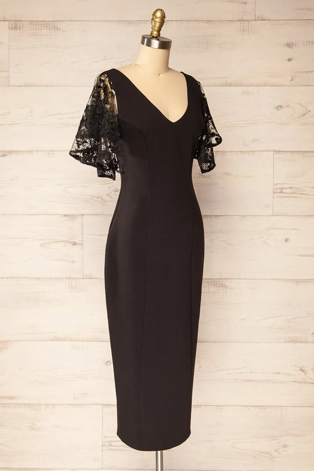 Myrania Black | Fitted Midi Dress w/ Embroidered Sleeves
