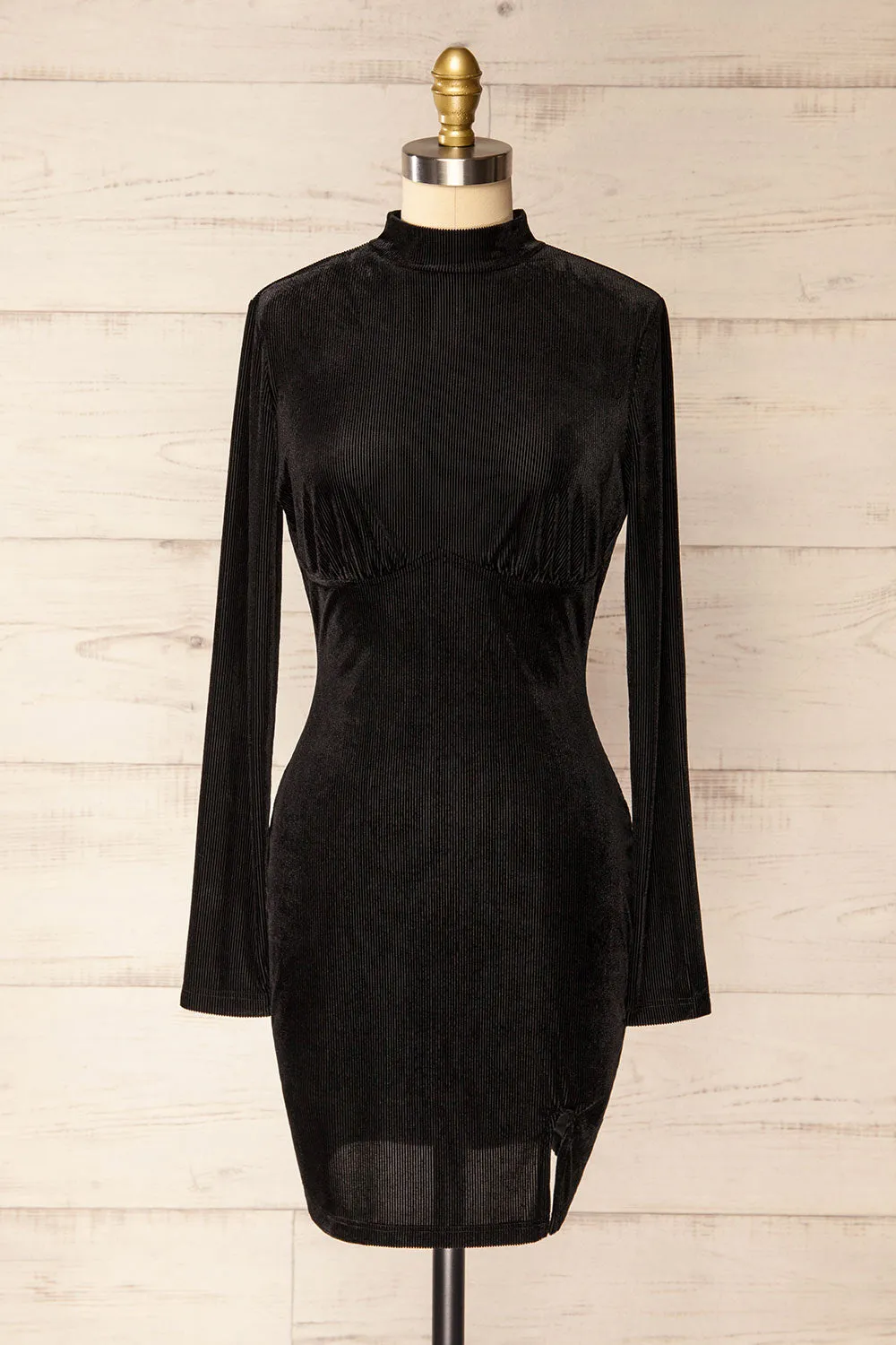 Olmeto | Black Velvet Dress w/ High Collar