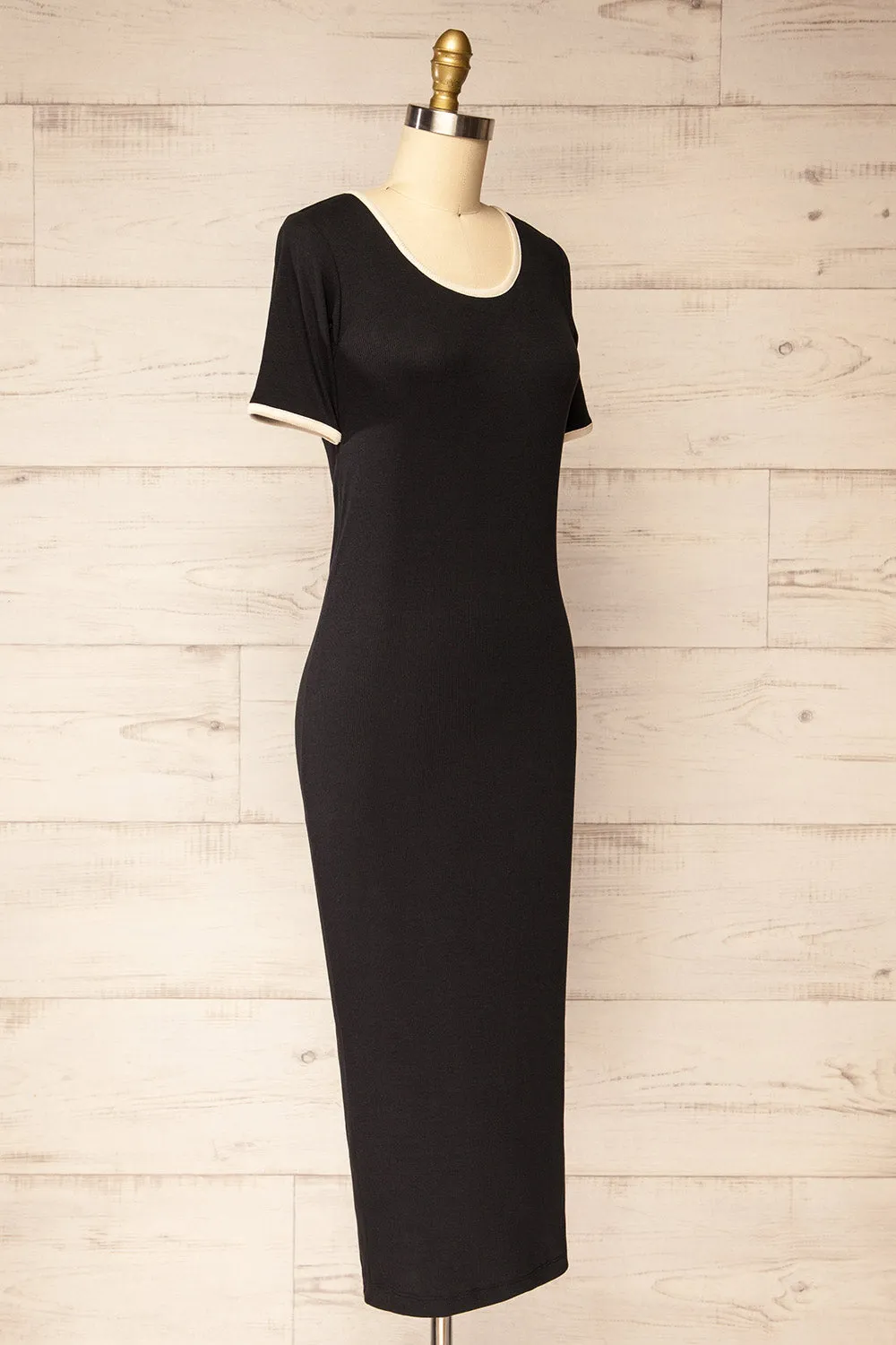 Phloriane Black | Ribbed Midi Dress w/ Ivory Trim