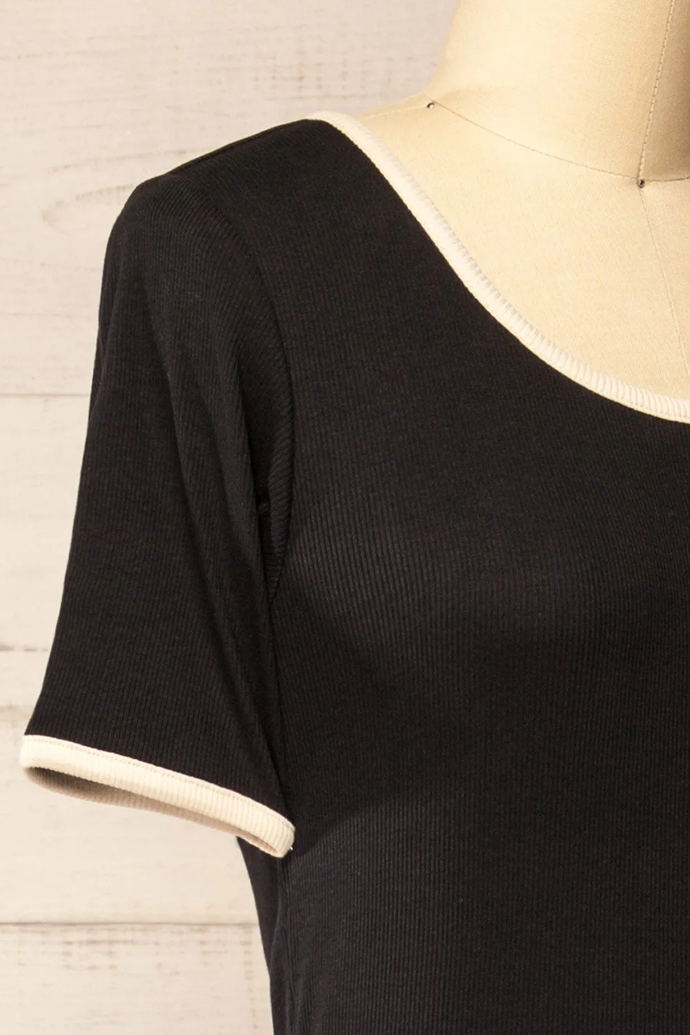 Phloriane Black | Ribbed Midi Dress w/ Ivory Trim