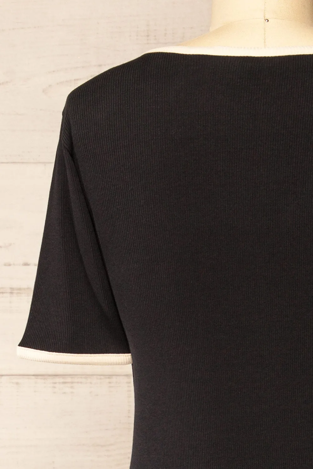 Phloriane Black | Ribbed Midi Dress w/ Ivory Trim