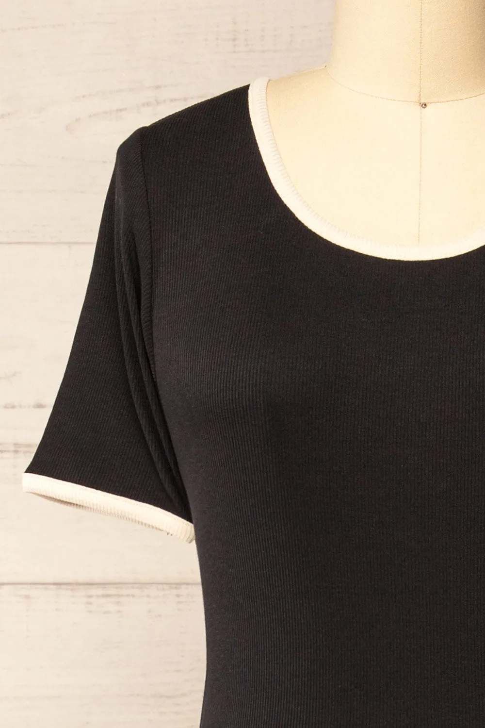 Phloriane Black | Ribbed Midi Dress w/ Ivory Trim