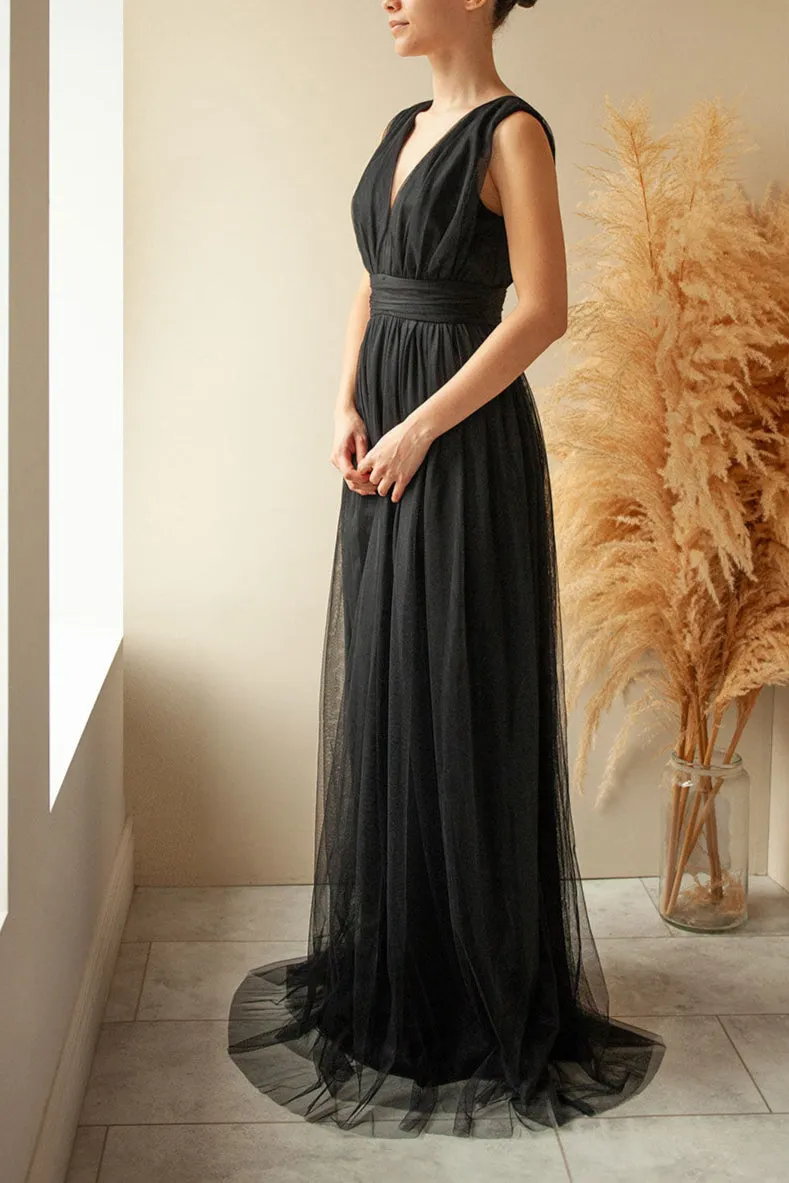 Samina Burgundy | Tulle Maxi Dress w/ Plunging Neckline