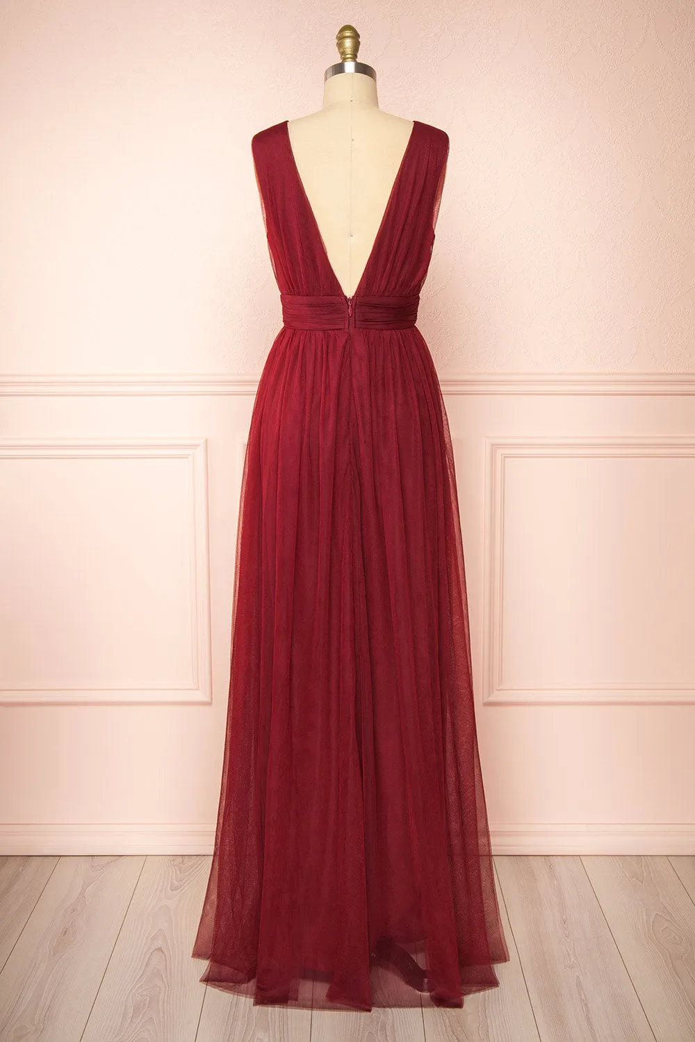 Samina Burgundy | Tulle Maxi Dress w/ Plunging Neckline