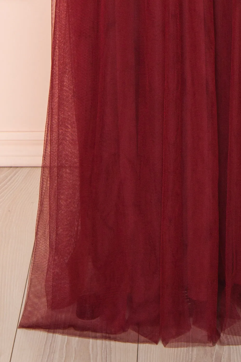 Samina Burgundy | Tulle Maxi Dress w/ Plunging Neckline