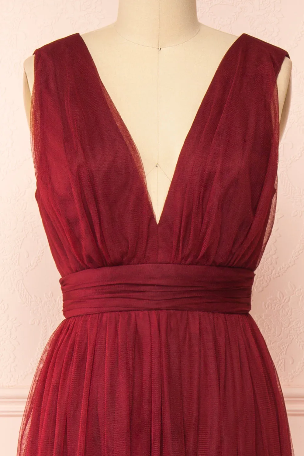 Samina Burgundy | Tulle Maxi Dress w/ Plunging Neckline