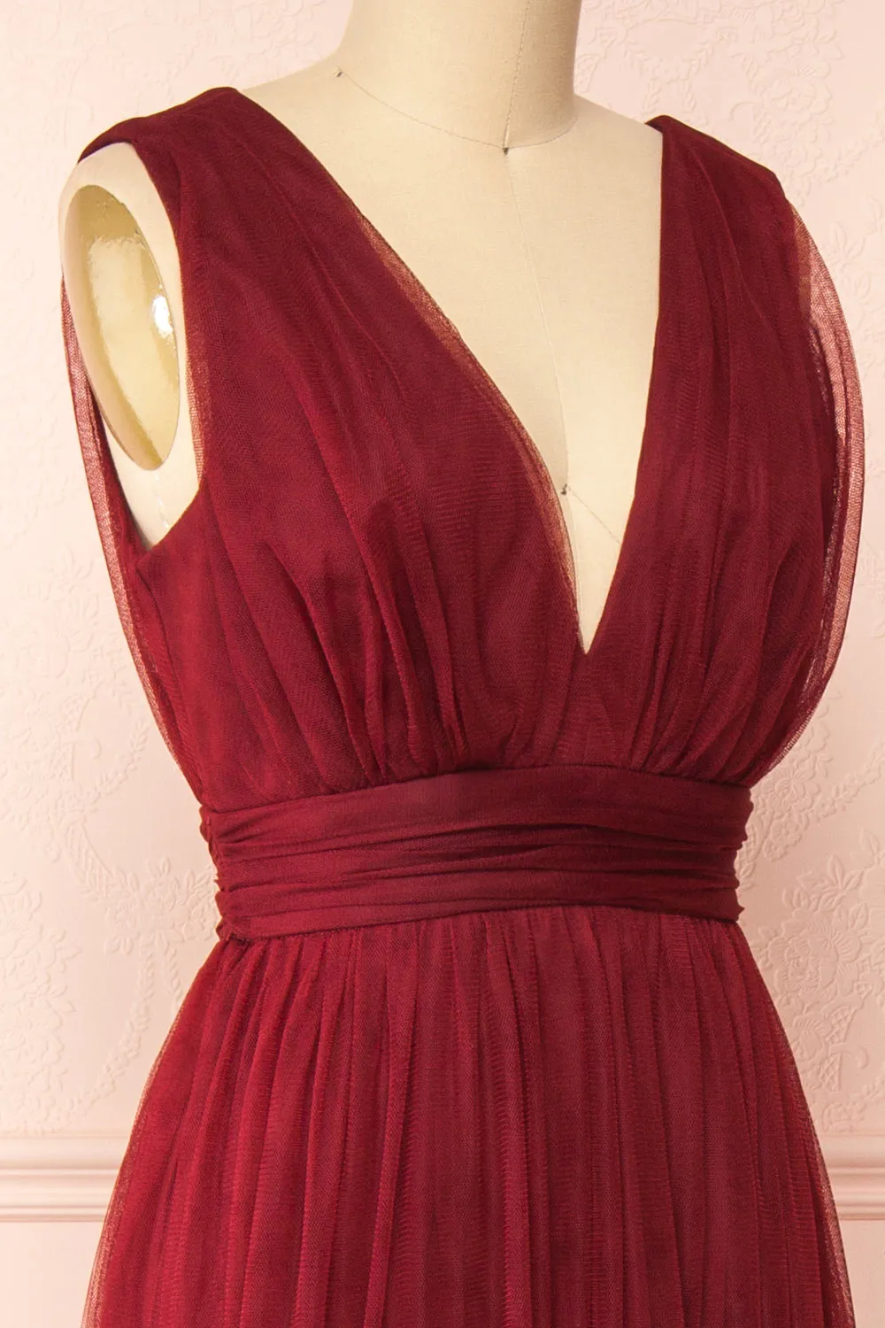 Samina Burgundy | Tulle Maxi Dress w/ Plunging Neckline