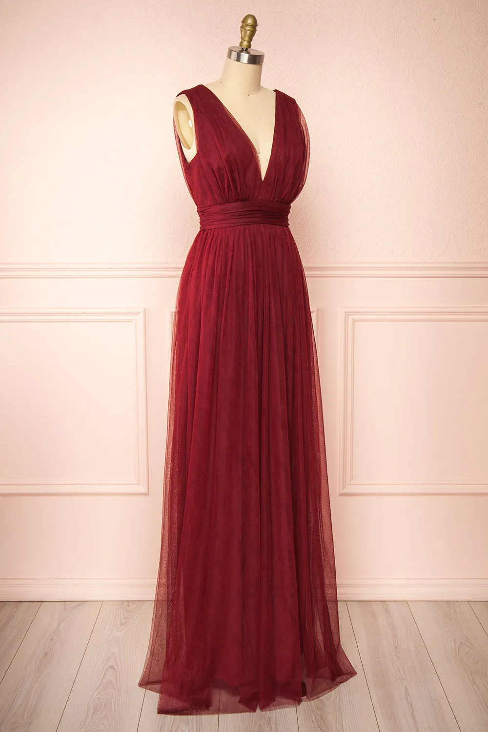 Samina Burgundy | Tulle Maxi Dress w/ Plunging Neckline