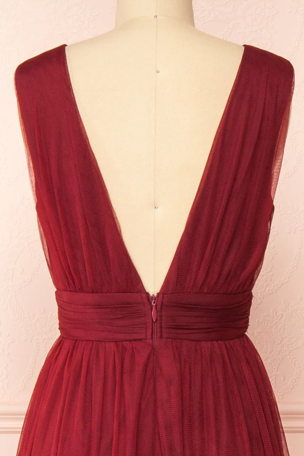 Samina Burgundy | Tulle Maxi Dress w/ Plunging Neckline