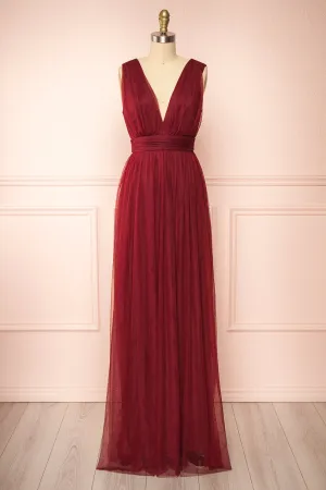 Samina Burgundy | Tulle Maxi Dress w/ Plunging Neckline