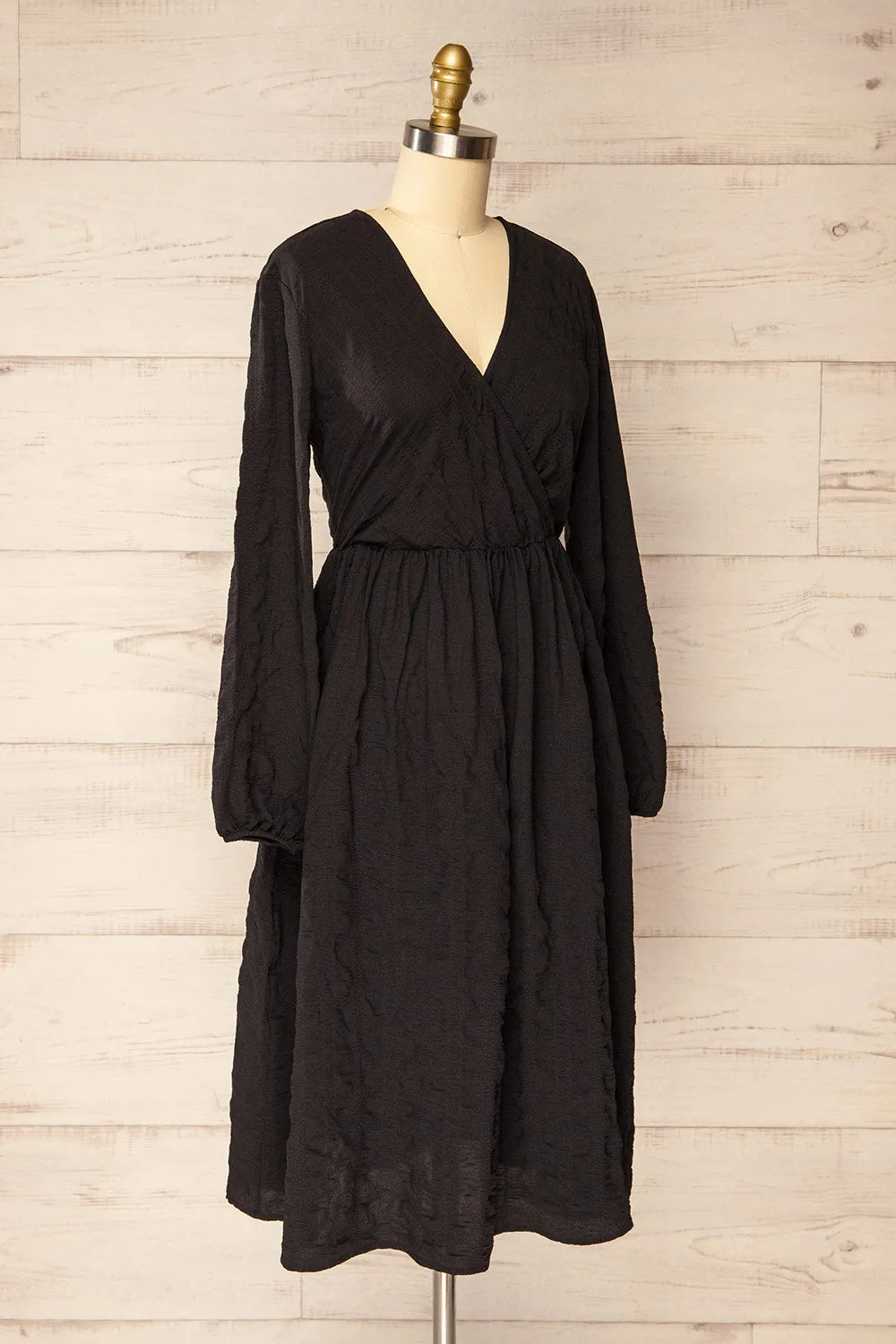 Swindon | Black Chiffon Midi Dress w/ Sleeves