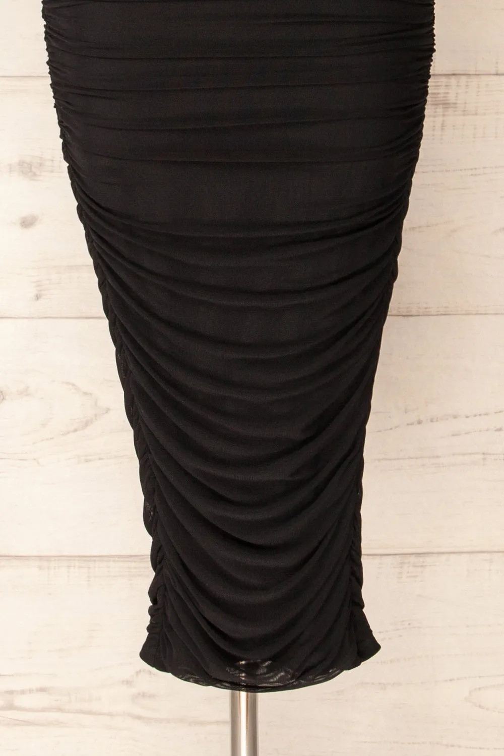 Venise Black | Fitted Ruched Midi Dress w/ Bustier Bodice