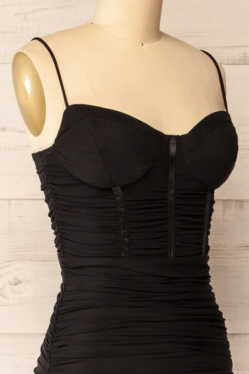 Venise Black | Fitted Ruched Midi Dress w/ Bustier Bodice