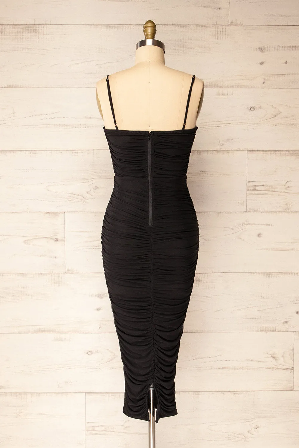 Venise Black | Fitted Ruched Midi Dress w/ Bustier Bodice