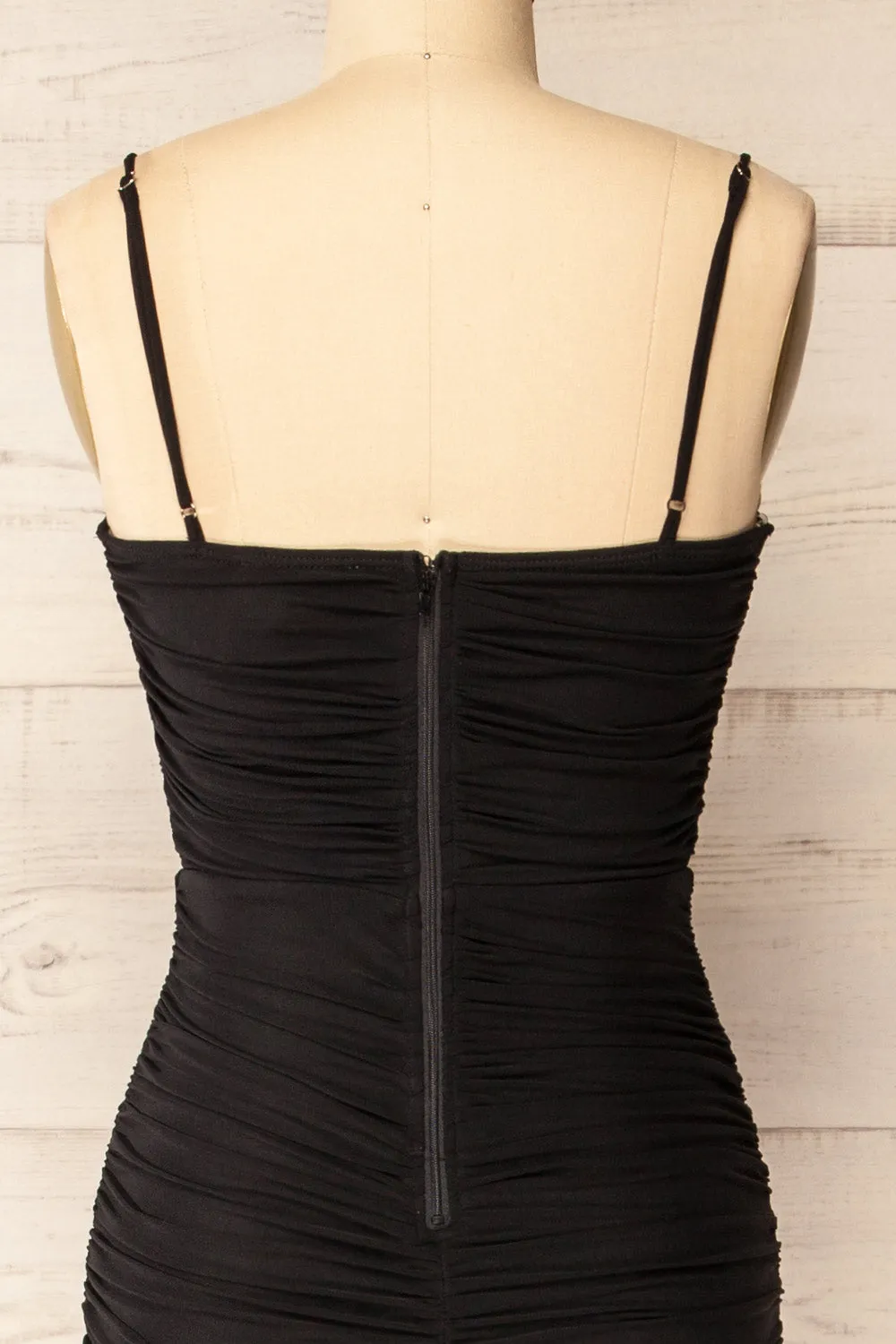 Venise Black | Fitted Ruched Midi Dress w/ Bustier Bodice