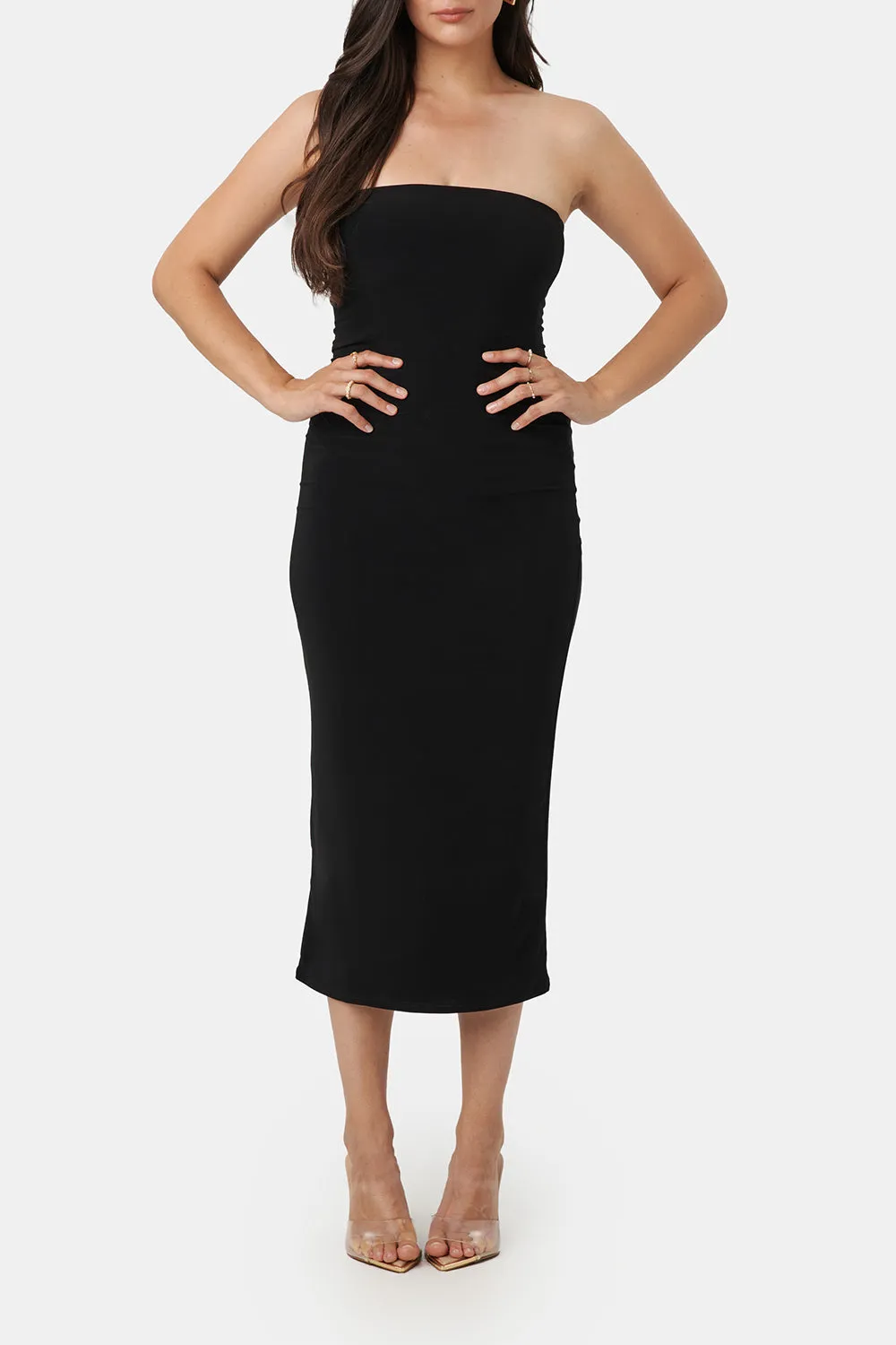 Victorya Black | Strapless Fitted Midi Dress