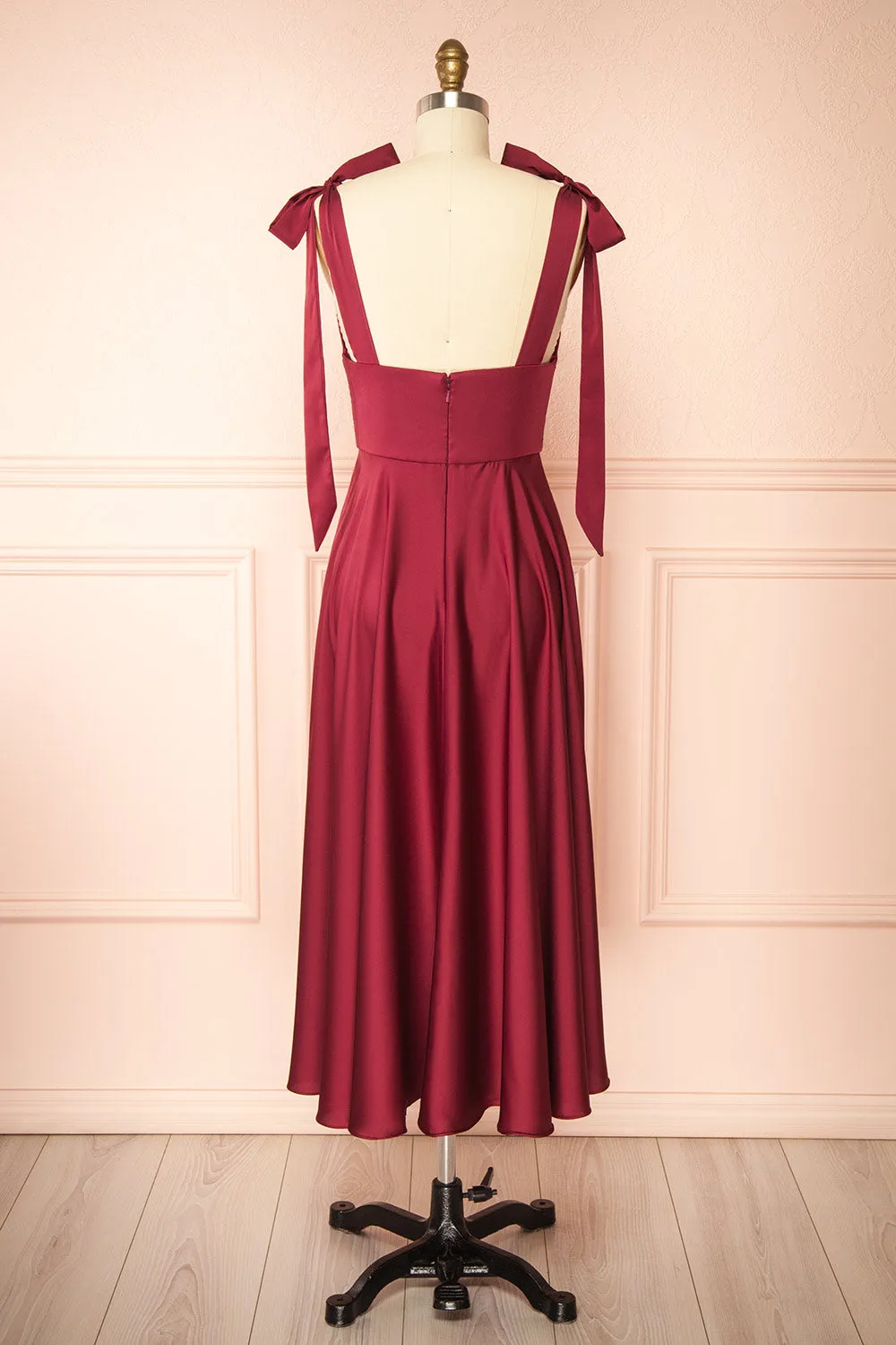Vida Burgundy | Satin Midi Dress w/ Tie Straps