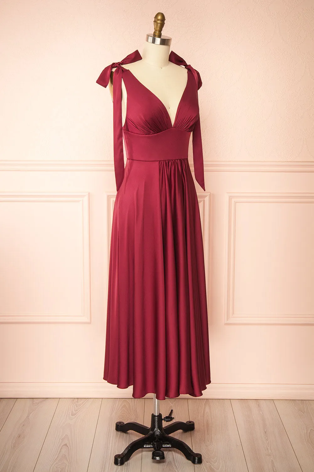 Vida Burgundy | Satin Midi Dress w/ Tie Straps