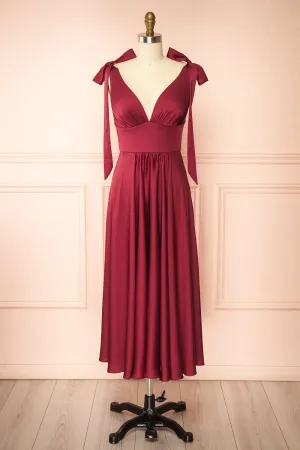 Vida Burgundy | Satin Midi Dress w/ Tie Straps