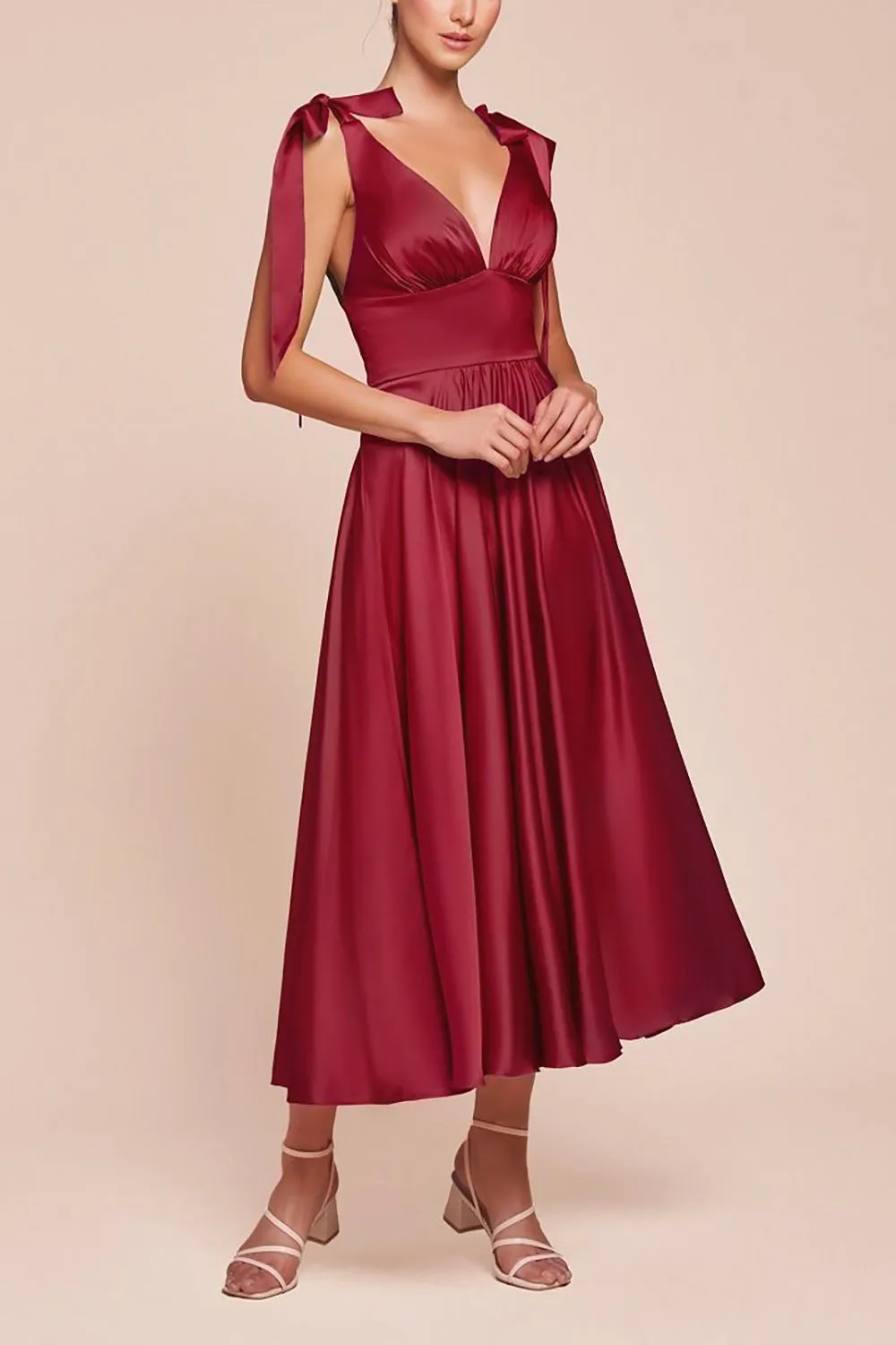 Vida Burgundy | Satin Midi Dress w/ Tie Straps
